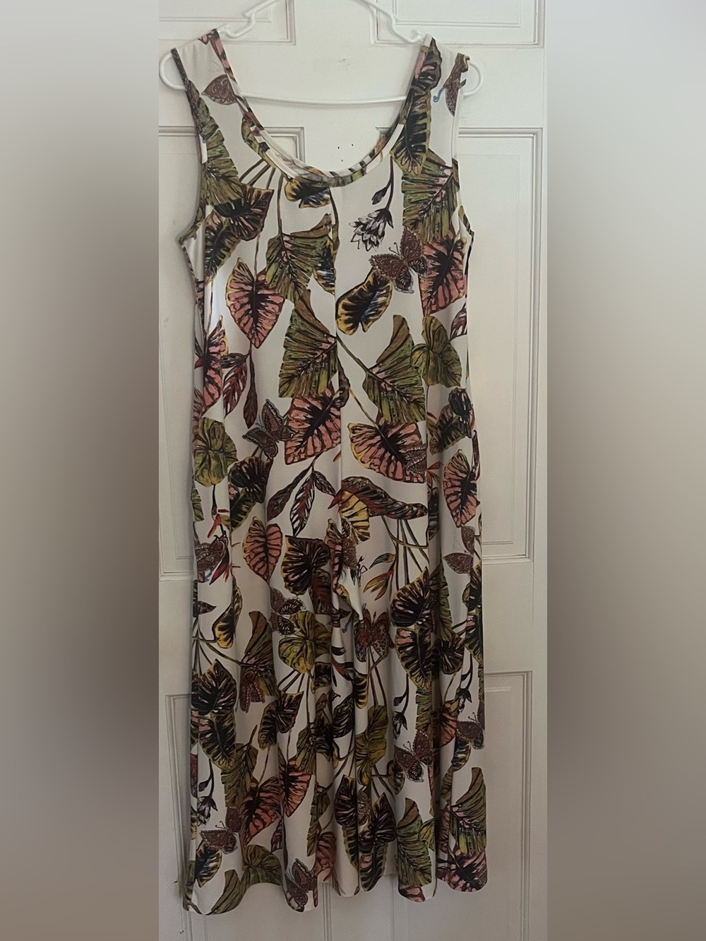 Attitudes by Renee White Maxi culotte Dress with Green and Pink Leaf Print